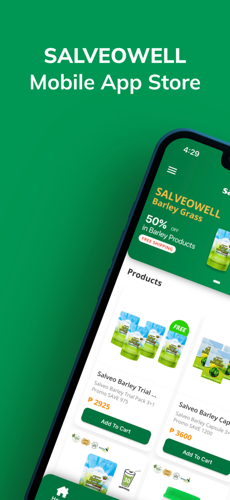 Salveowell - Salveowell mobile app store interface featuring organic barley grass health supplements with promotional offers