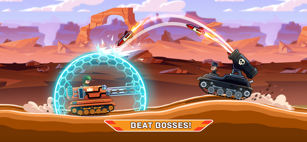 Hills of Steel - A tank with a blue energy shield battles a boss tank firing missiles in a desert
