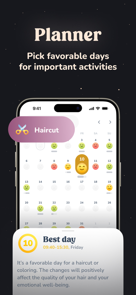 Navamsha moon phase calendar app showing favorable days for a haircut