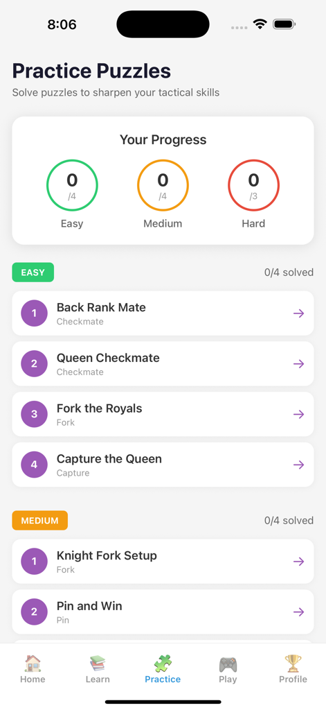 Chess Academy - Play & Learn - The practice puzzles screen of the Chess Academy app showing various tactical exercises and progress tracking for easy medium and hard levels