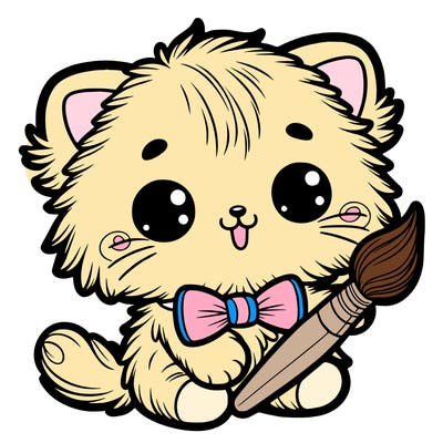an adorable fluffy kitten holding a paintbrush