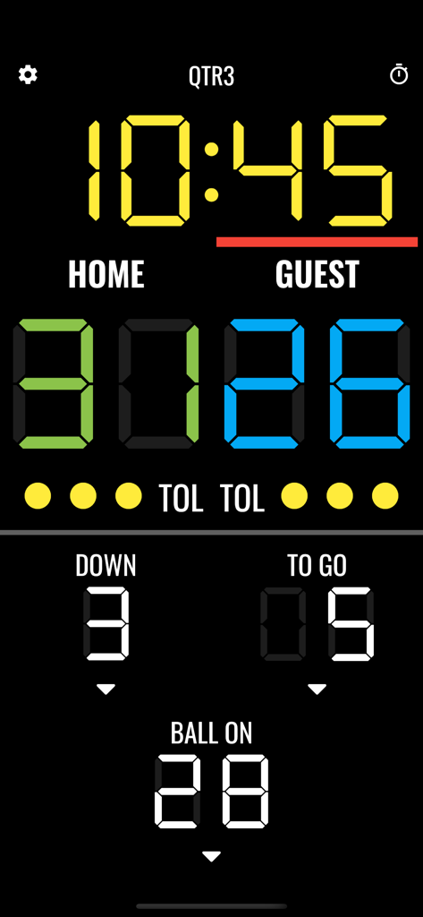 American Football Scoreboard - Digitale Anzeigetafel-Oberfläche für American Football, die Spielzeit, Spielstände und Downs anzeigt