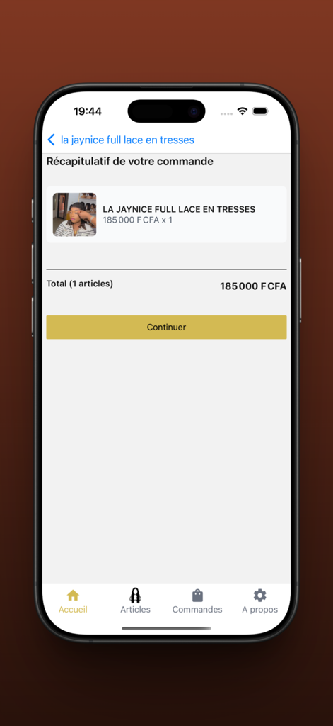 Order summary screen in the SP Luxury Hair app showing a full lace braided wig in the shopping cart
