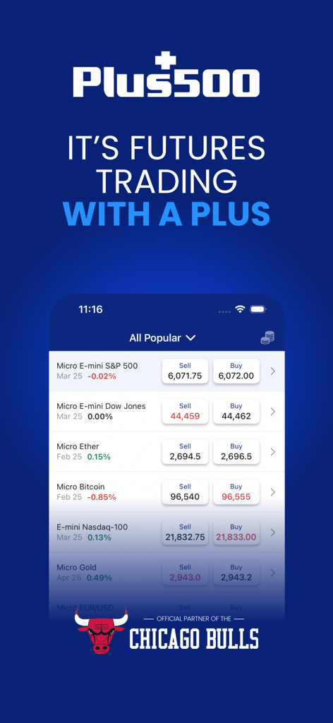 Interfaz de la aplicación móvil de Plus500 mostrando precios de futuros para acciones y criptomonedas con el logo de la asociación de los Chicago Bulls