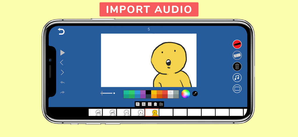 Animation Maker Kids - Animation Maker Kids app interface showing a character drawing and the audio import feature
