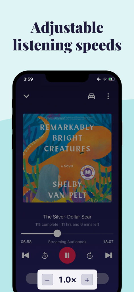 Oberfläche der Chirp Audiobooks App, die einstellbare Einstellungen für die Hörgeschwindigkeit zeigt.