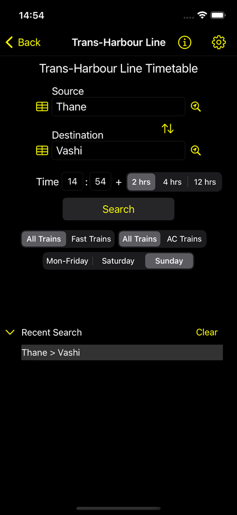 Mumbai Local Train Timetable - Search screen for Mumbai local train timetable showing Trans-Harbour Line route from Thane to Vashi