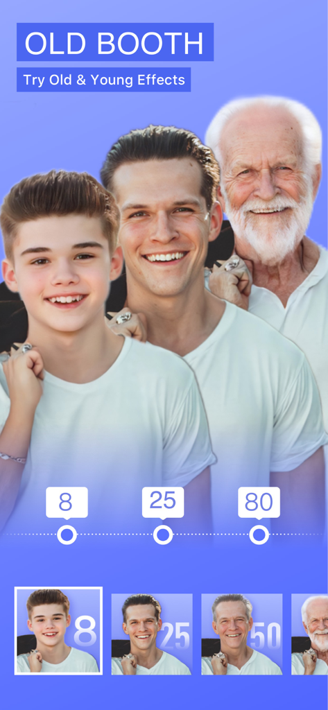PicsHub-AI Art & Photo Edit - AI aging booth feature in PicsHub app showing a face transformation from age 8 to 80