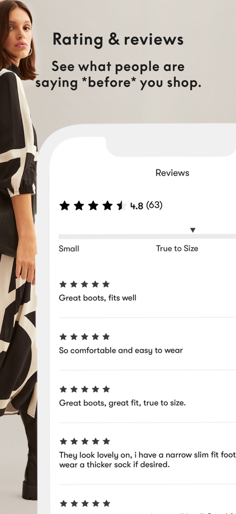 New Look Fashion Online - Une capture d'écran de l'application New Look montrant les évaluations et les avis des clients avec des commentaires sur les produits et des informations sur les tailles.