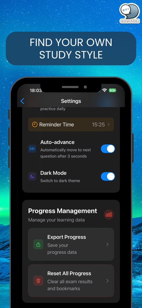 Einstellungen-Bildschirm der FAA AP PowerPrep-App mit Erinnerungen zum Lernen, Dunkelmodus und Optionen zur Fortschrittsverwaltung