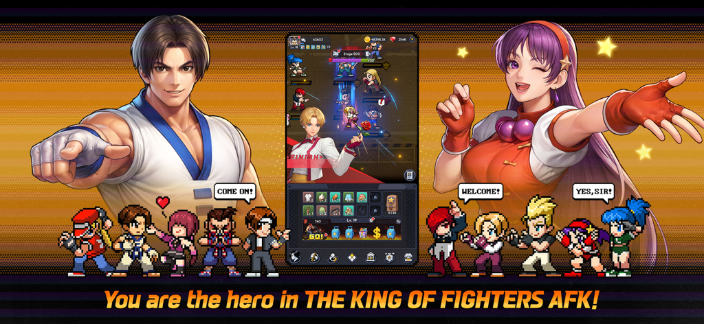 THE KING OF FIGHTERS AFK - Banner promocional para THE KING OF FIGHTERS AFK con personajes de anime y luchadores retro de pixel art