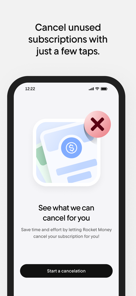 Rocket Money mobile app interface showing the option to cancel unused subscriptions with a single tap