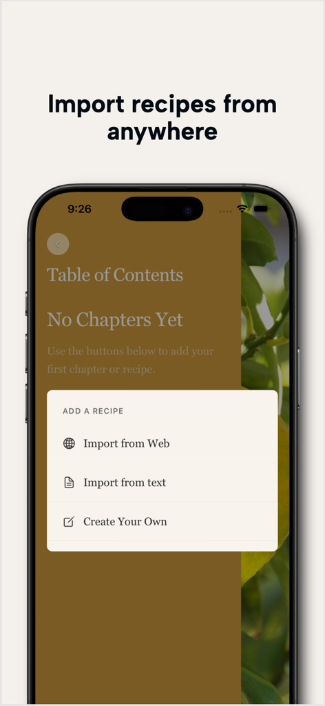 Chapter & Crumb - Interface showing options to import recipes from the web or text in the Chapter and Crumb app