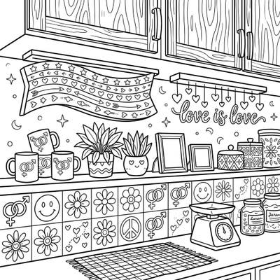 Step into a heartwarming kitchen scene celebrating Pride Month, filled with intricate details from under-cabinet lights to loving decor. This delightful coloring page invites you to express your creativity and embrace the spirit of love and diversity.