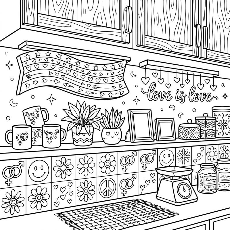 Step into a heartwarming kitchen scene celebrating Pride Month, filled with intricate details from under-cabinet lights to loving decor. This delightful coloring page invites you to express your creativity and embrace the spirit of love and diversity.