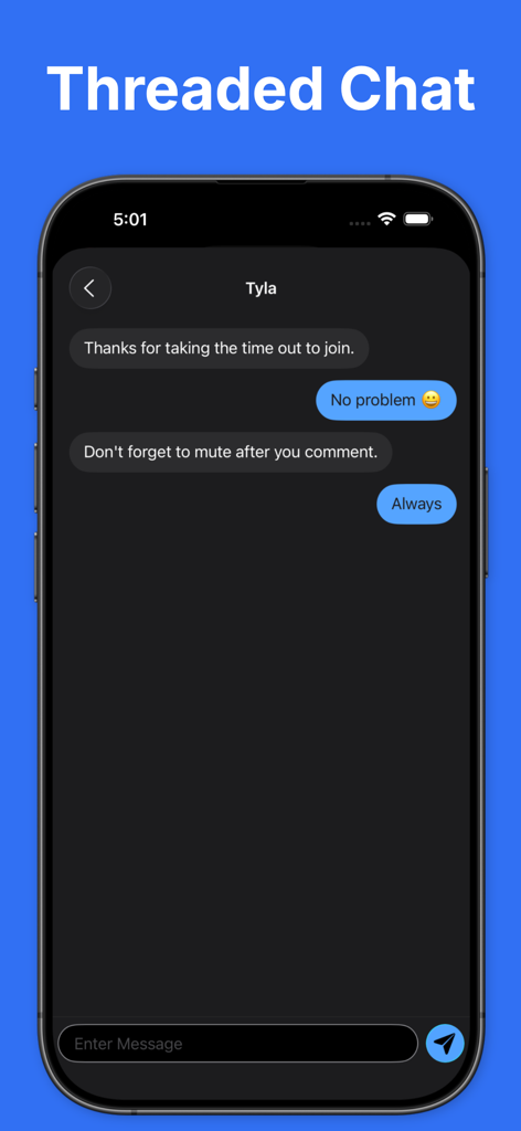 Threaded chat interface in the Participant app showing a direct message conversation on an iPhone