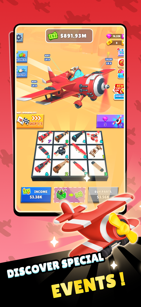 Merge Plane: Air Race! - Captura de pantalla del juego Merge Plane que muestra la mecánica de fusión de piezas de aviones y eventos especiales