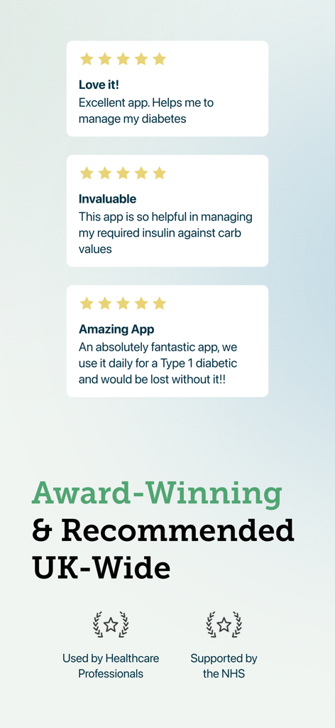 Carbs & Cals: Diet & Diabetes - Carbs and Cals user reviews and NHS support badges for diabetes management.