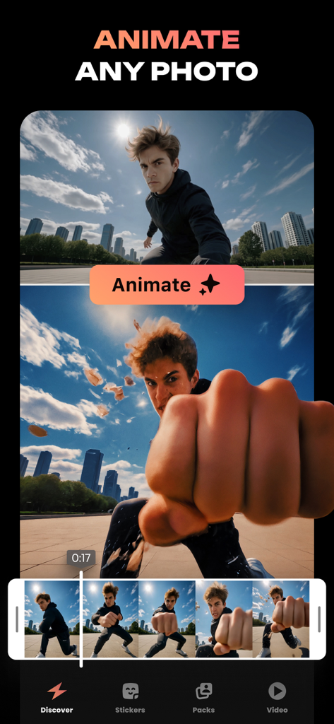 Hula AI: Photo & Video Creator - Hula AI mobile app interface showing the animate any photo feature with a before and after transformation of a man punching towards the camera
