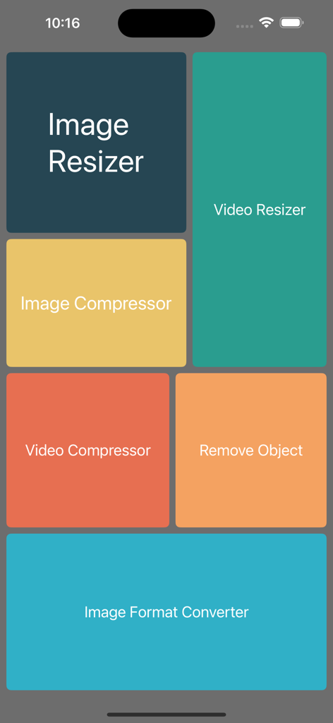 reduce image size - resizer - Hauptmenü der Bildgrößenänderungs- und Komprimierungs-App mit verschiedenen Kacheln für das Ändern der Größe und Konvertieren von Medien.