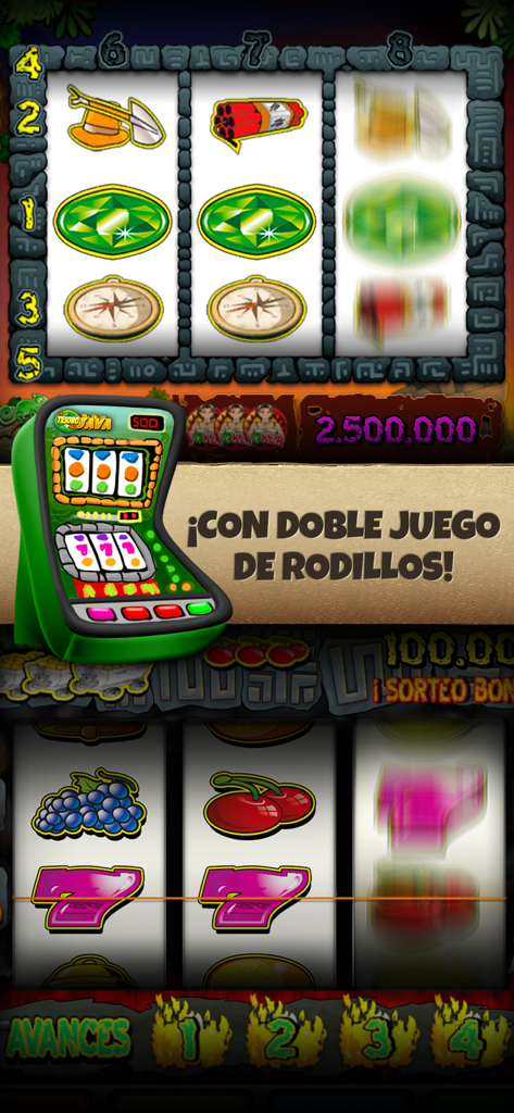 El Tesoro de Java-Tragaperras - Capture d'écran du jeu mobile El Tesoro de Java montrant une interface de machine à sous de style bar espagnol à double écran avec des icônes sur le thème de l'aventure et des avances.
