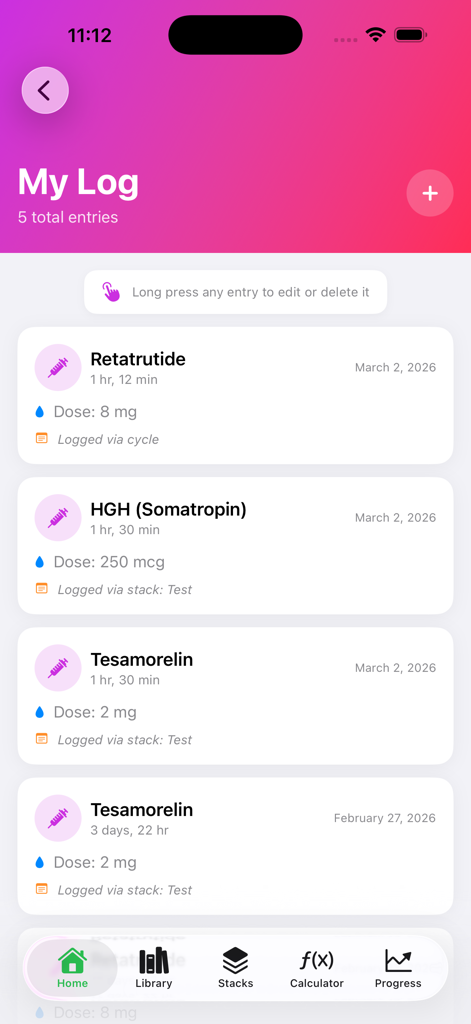 PepWise - Peptide Tracker - The My Log screen of the PepWise app displaying a chronological list of tracked peptide doses and injection history.