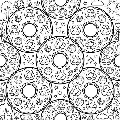 Indulge your sweet tooth and your eco-conscious spirit with this charming Earth Day coloring page featuring an array of glazed doughnuts. Each delicious pastry is adorned with intricate designs celebrating our planet, perfect for a mindful coloring session.