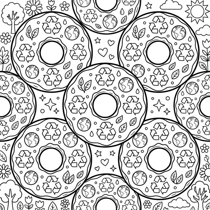 Indulge your sweet tooth and your eco-conscious spirit with this charming Earth Day coloring page featuring an array of glazed doughnuts. Each delicious pastry is adorned with intricate designs celebrating our planet, perfect for a mindful coloring session.