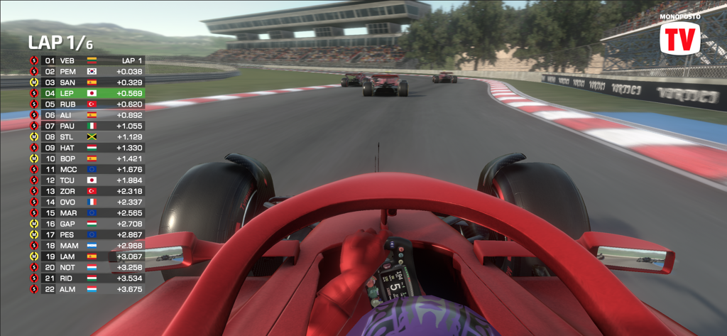 First person cockpit view of a red race car during a competition in Monoposto Lite