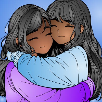 realistic two girls hugging