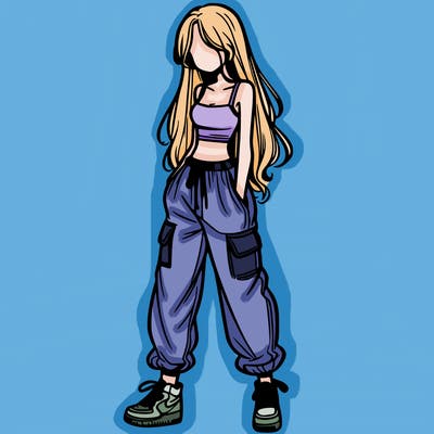 girl in baggy pants crop top and long hair