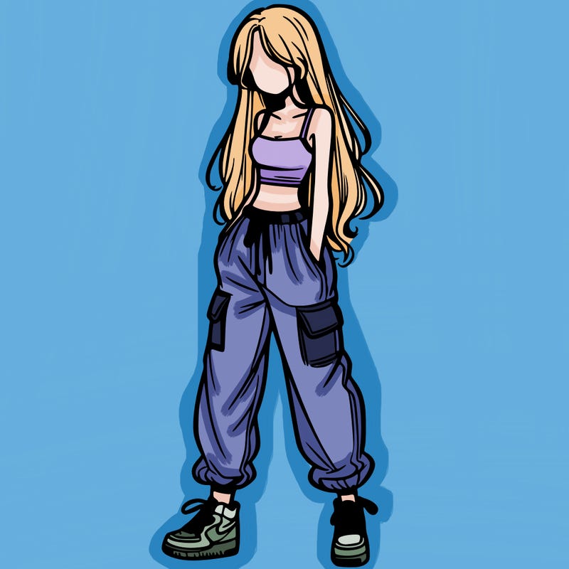 girl in baggy pants crop top and long hair