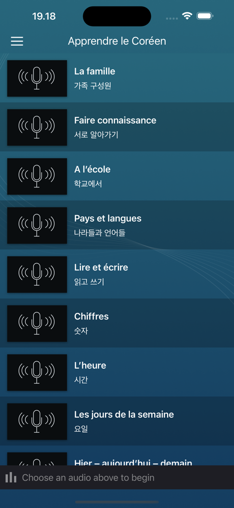 Apprenez le coréen facile - Interface do aplicativo exibindo uma lista de lições de coreano em português com ícones de áudio