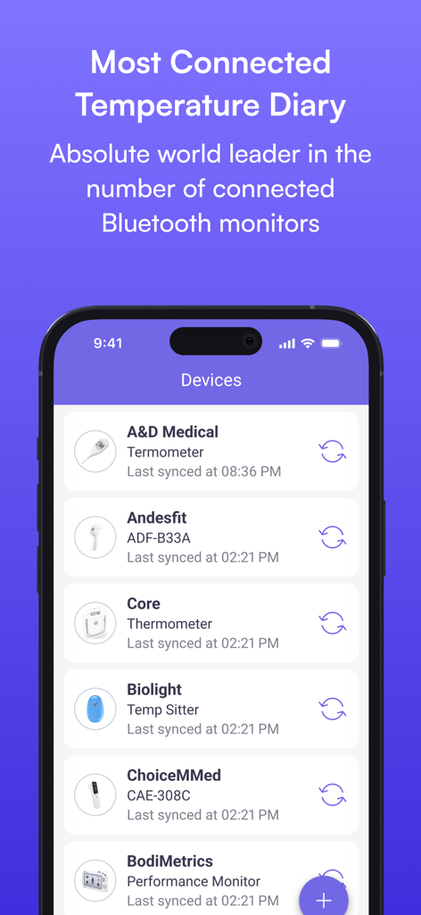 MedM Body Temperature Tracking App interface showing a list of connected Bluetooth thermometers and health monitors