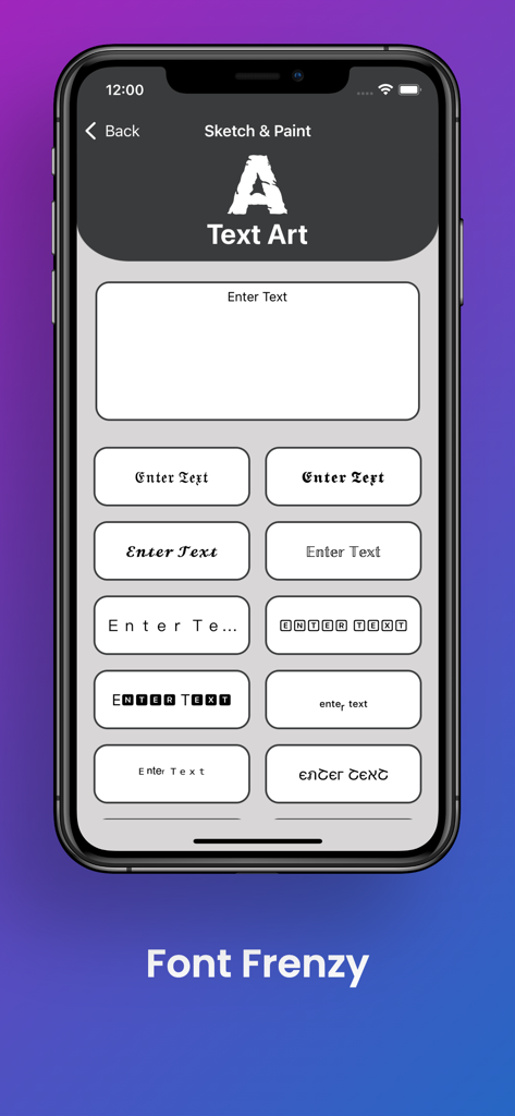 AR Drawing: Sketching & Paint - A mobile app interface displaying various artistic font styles for text art customization in AR Drawing.