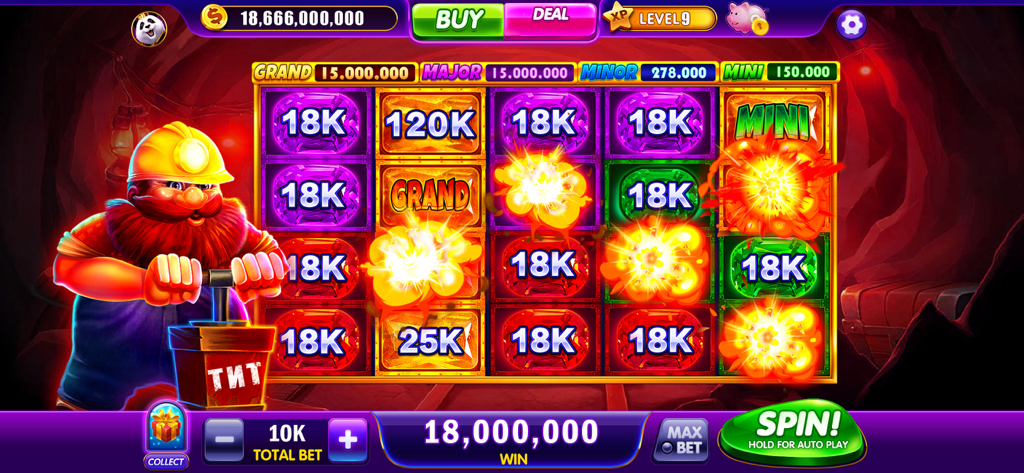 Cash Master Slots - Casino - Machine à sous sur le thème de l'exploitation minière dans Cash Master Slots montrant un personnage mineur et des gains de jackpot massifs