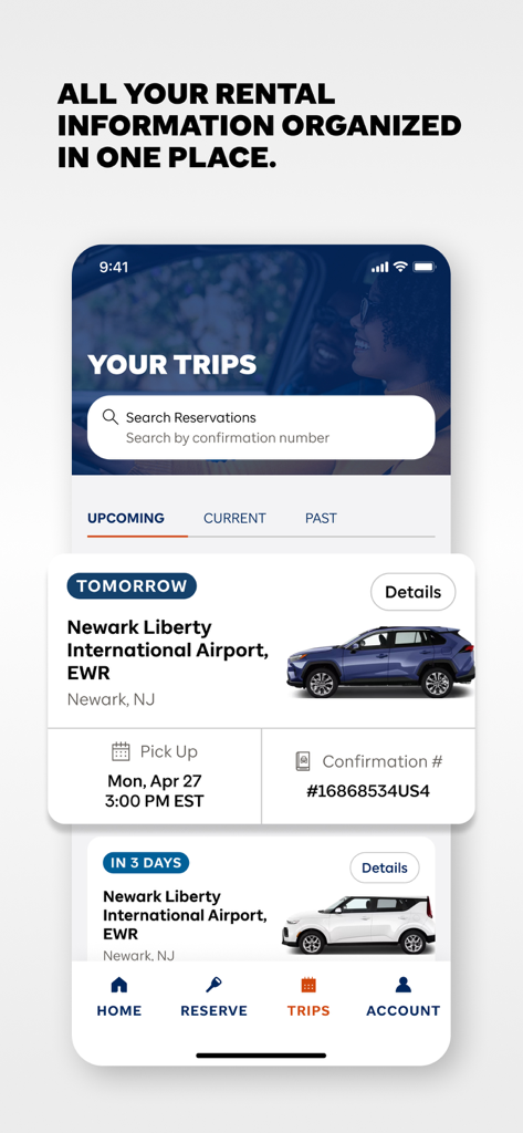 Schermata dell'app Budget che mostra le prossime prenotazioni di noleggio auto e i dettagli del viaggio.