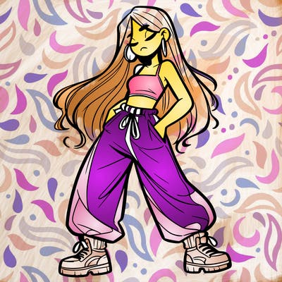 girl in baggy pants crop top and long hair