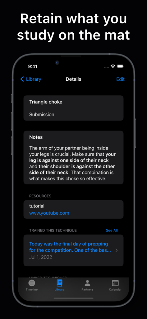 Martial Arts Training Journal - Technique details screen for a triangle choke in the Martial Arts Training Journal app