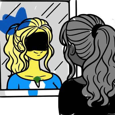 a woman looks at her reflection in the mirror
