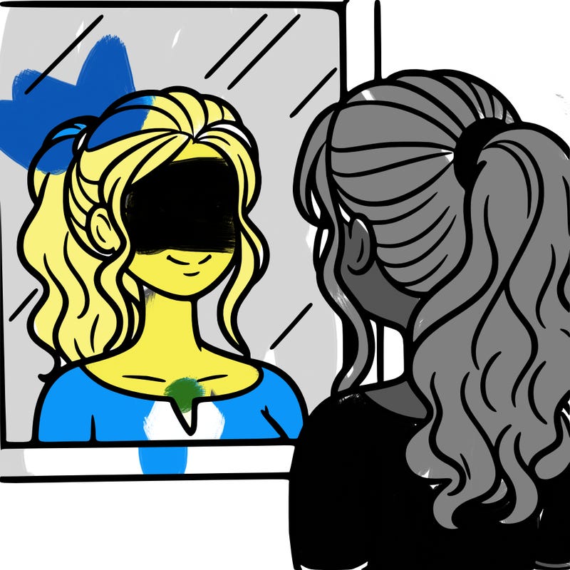 a woman looks at her reflection in the mirror
