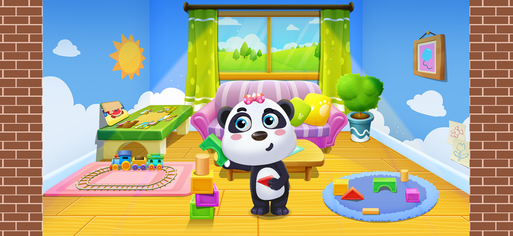 Panda Care: Panda's Life World - A cute panda character playing with colorful building blocks in a bright and cheerful playroom filled with toys.