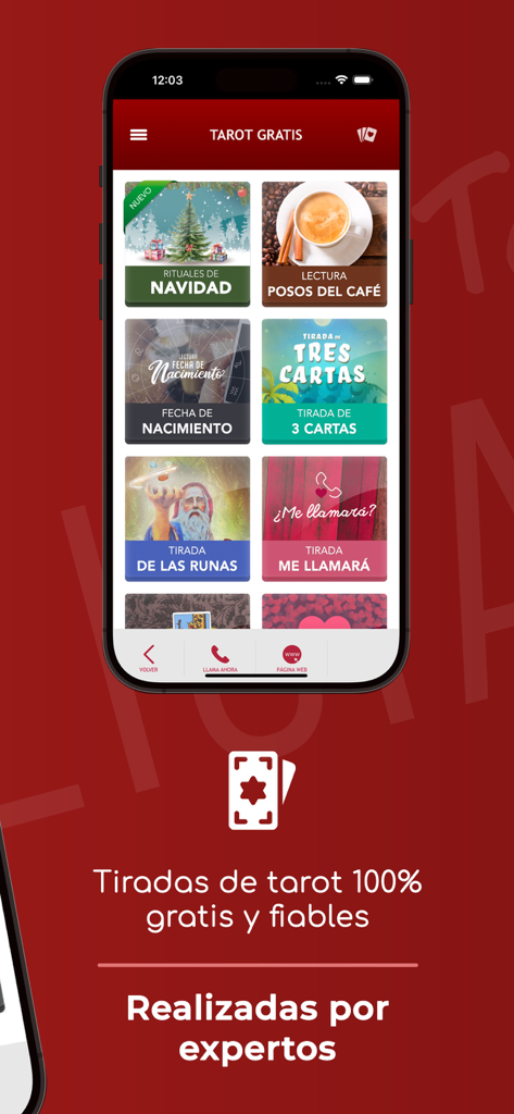 Teléfono inteligente mostrando la aplicación Tarot Alicia Galvan con varias opciones de lectura de tarot gratuitas en español.