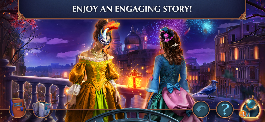 Two women in elaborate masquerade dresses on a balcony in Venice at night