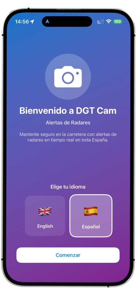 DGT Cameras - Welcome screen of the DGT Cameras app showing language selection for English and Spanish with a camera icon