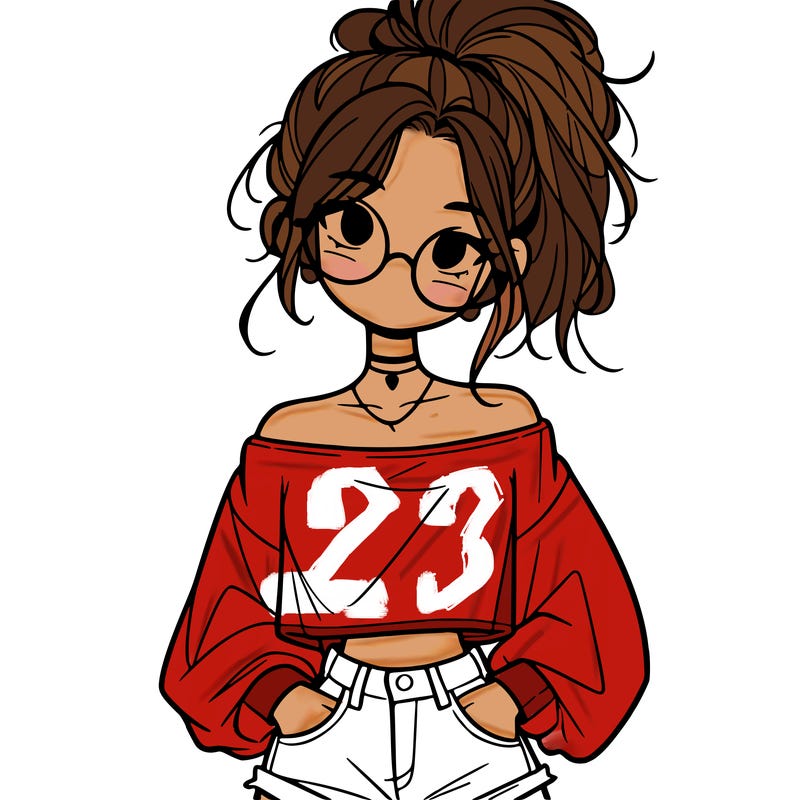 girl with a messy ponytail glasses a baggy crop top and jean shorts