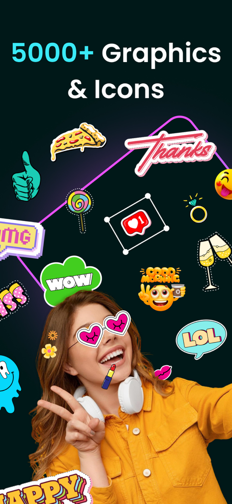 Poster Maker app interface showing a collection of over 5000 graphics and icons overlaid on a photo