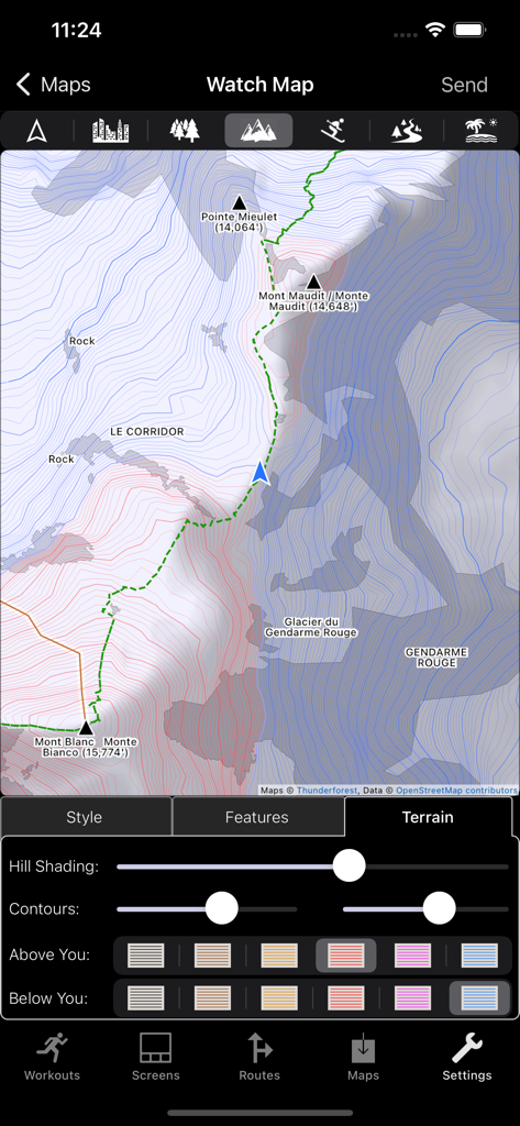 ヒルの陰影と等高線の色を含む地形マップの地形機能のカスタマイズ用WorkOutDoorsアプリインターフェース
