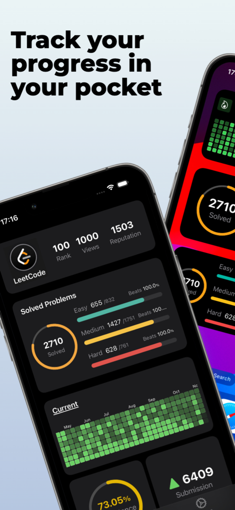 Analytics for LeetCode - LeetCodeのための分析アプリのモバイルインターフェース。解決済み問題の統計、アクティビティヒートマップ、ランキング指標をiPhoneで表示しています。