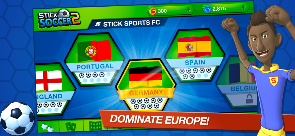 Stick Soccer 2 - Stick Soccer 2 game screen showing national team selection for Portugal Germany and Spain with the text Dominate Europe